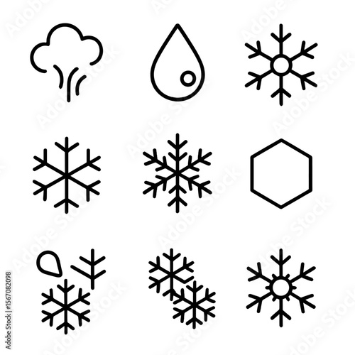 Snowflake Formation Icons. Outline icon set of snowflake formation process: water vapor plume, supercooled droplet, nucleation