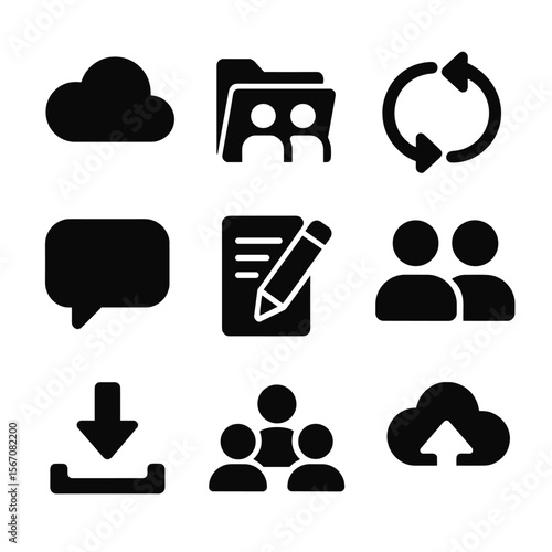 Digital Collaboration Icons. Solid, filled icons set of digital collaboration platforms: cloud storage, shared