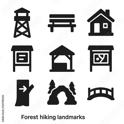Forest Hiking Icons. Solid, filled icon set of forest hiking landmarks: lookout platform, wooden bench, forest cabin, info board,