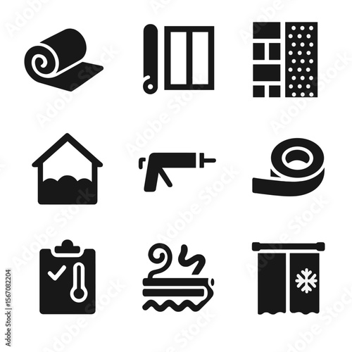 Home Insulation Icons. Solid, filled icon set of home insulation items: foam roll, window seal, insulated wall, attic insulation,