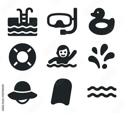 Aquatic Icons Grid. Solid, filled icons set of aquatic fun: pool, diving mask, float toy, water ring,