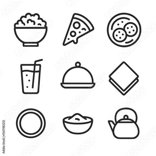 Cozy Snack Icons. Outline icon set of cozy snack and drink rituals: popcorn bowl, pizza slice, cookie plate, soda glass, serving