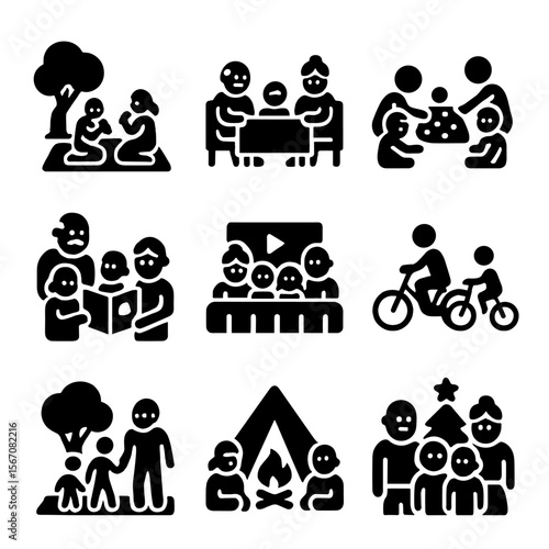 Family Time Icons. Solid, filled icon set of grandchildren family time: picnic, family dinner, board game, storytelling, movie