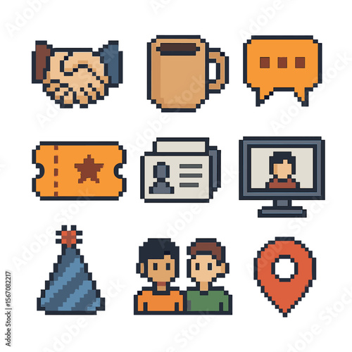 Social Networking Icons. Pixel art icon set of social circle expansion: networking handshake, coffee meet-up mug, group chat