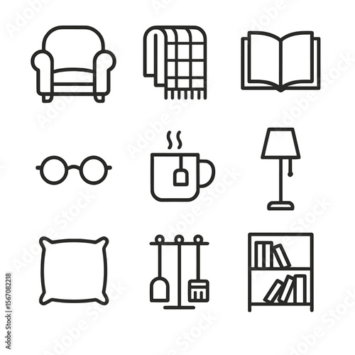 Cozy Reading Icons. Outline icon set of cozy reading essentials by the fireplace: armchair, blanket, book, reading glasses, mug of
