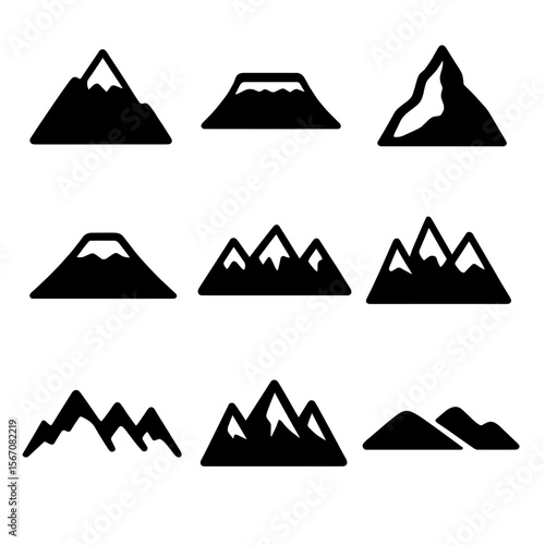 Famous Mountain Icons. Solid, filled icon set of Famous mountain landmarks: Mount Everest, Kilimanjaro, Matterhorn, Fuji, Rocky