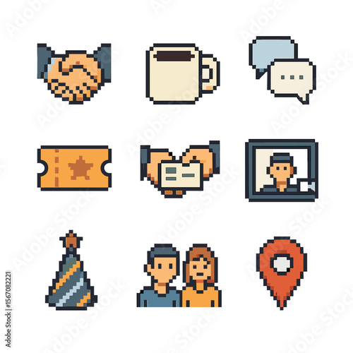 Social Networking Icons. Pixel art icon set of social circle expansion: networking handshake, coffee meet-up mug, group chat