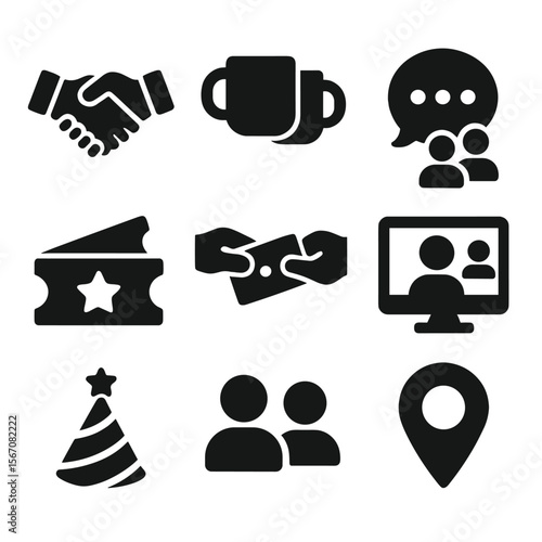 Social Networking Icons. Solid, Filled icon set of social circle expansion: networking handshake, coffee meet-up mug, group chat