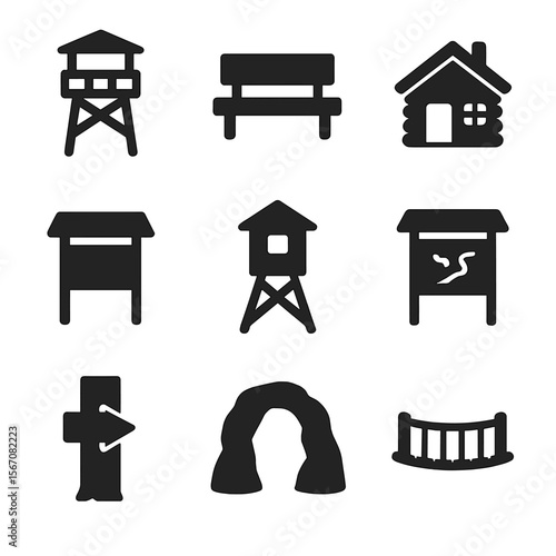 Forest Hiking Icons. Solid, filled icon set of forest hiking landmarks: lookout platform, wooden bench, forest cabin, info board,