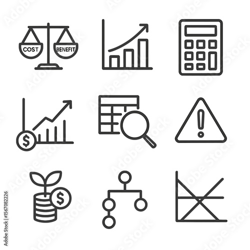 Cost-Benefit Icons Set. Outline icon set of cost-benefit analysis: cost scale, benefit chart, calculator, ROI graph, magnifying