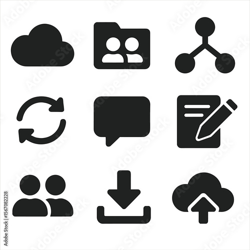Digital Collaboration Icons. Solid, filled icons set of digital collaboration platforms: cloud storage, shared