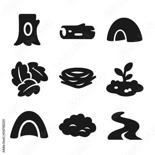 Forest Habitat Icons. Solid, filled icon set of forest animal habitats: tree hollow, fallen log, burrow, nest, canopy leaves,