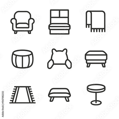 Cozy Seating Icons. Outline icon set of cozy seating and textiles: armchair, window seat cushion, throw blanket, floor pouf,