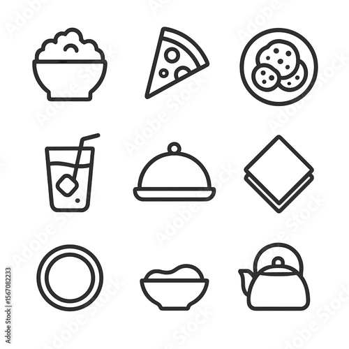 Cozy Snack Icons. Outline icon set of cozy snack and drink rituals: popcorn bowl, pizza slice, cookie plate, soda glass, serving