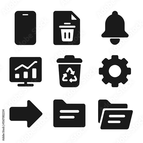 Digital Decluttering Icons. Solid, filled icons set of digital decluttering and habits: phone icon, delete
