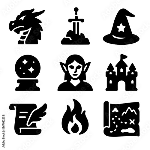Fantasy Icon Grid. Solid, filled icon set of fantasy illustration: dragon head, sword in stone, wizard hat, magical orb, forest