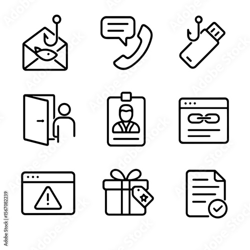 Social Engineering Icon Set. Outline icon set of social engineering tests: phishing email, phone pretext script, bait USB drive,