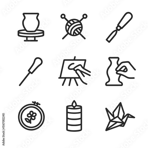 Craft Workshop Icons. Outline icon set of tactile craft workshops: pottery wheel, knitting needles with yarn, woodworking chisel,