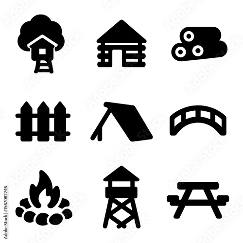 Forest Shelter Icons. Solid, filled icon set of forest shelter and structures: treehouse, cabin, log pile, wooden fence, lean-to,