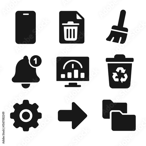 Digital Decluttering Icons. Solid, filled icons set of digital decluttering and habits: phone icon, delete