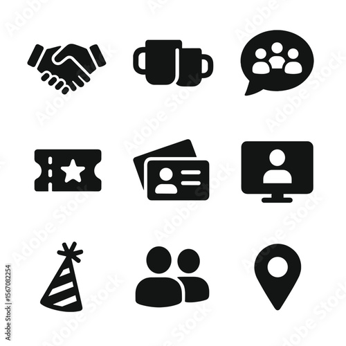 Social Networking Icons. Solid, Filled icon set of social circle expansion: networking handshake, coffee meet-up mug, group chat