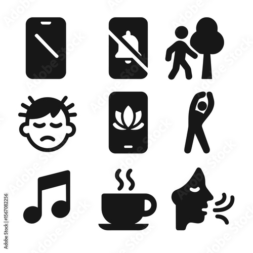 Digital Detox Icons. Solid, filled icons set of digital detox and breaks: phone off, no notifications, nature
