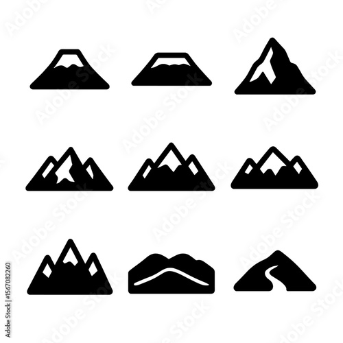 Famous Mountain Icons. Solid, filled icon set of Famous mountain landmarks: Mount Everest, Kilimanjaro, Matterhorn, Fuji, Rocky