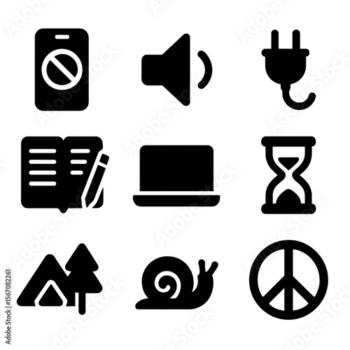 Digital Detox Icons. Solid, filled icons set of digital detox experiences: phone off icon, silence mode,
