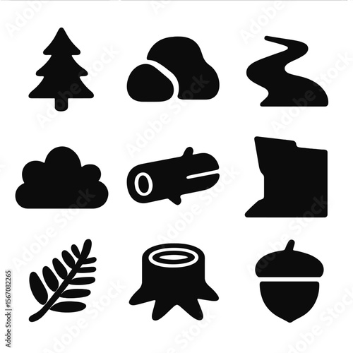 Forest Icon Set. Solid, filled icon set of forest and wilderness features: pine tree, boulder, stream, moss, fallen log, cliff,