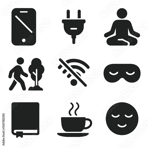 Digital Detox Icons. Solid, filled icons set of digital detox for health: phone off icon, unplug symbol,