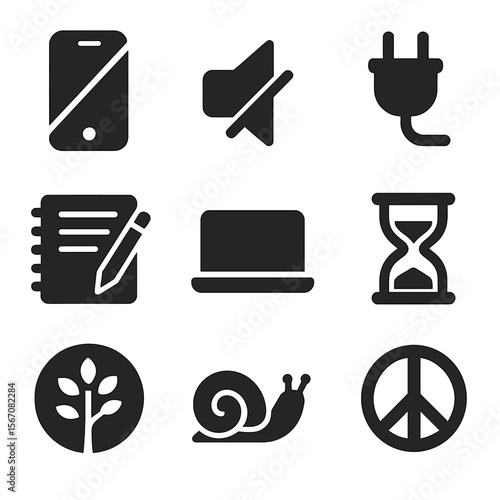 Digital Detox Icons. Solid, filled icons set of digital detox experiences: phone off icon, silence mode,