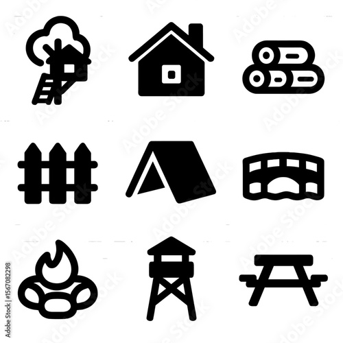 Forest Shelter Icons. Solid, filled icon set of forest shelter and structures: treehouse, cabin, log pile, wooden fence, lean-to,