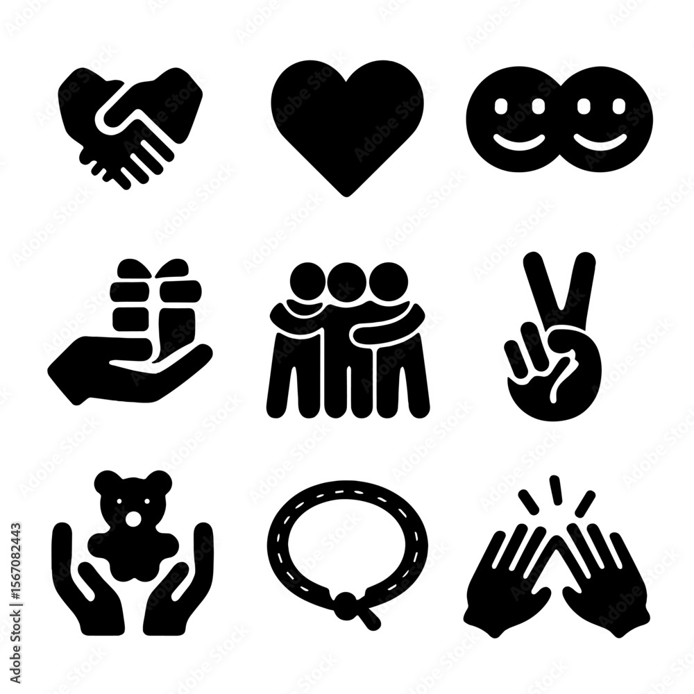 Fototapeta premium Friendship Icons Grid. Solid, filled icon set of friendship and sharing: holding hands, heart, smiley faces, gift exchange, group