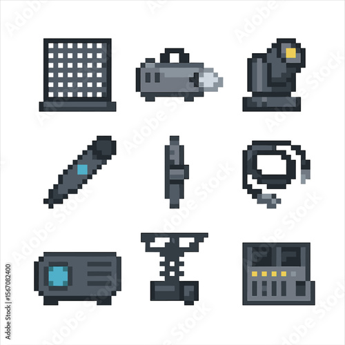 Stage Tech Icons. Pixel art icon set of stage technology components: LED panel, fog machine, moving head light, wireless mic,
