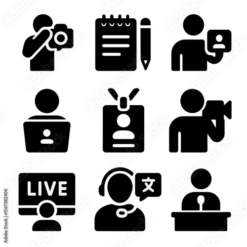 Special Guests Icon Set. Solid, Filled icon set of special guests: event photographer, journalist notebook, influencer camera,