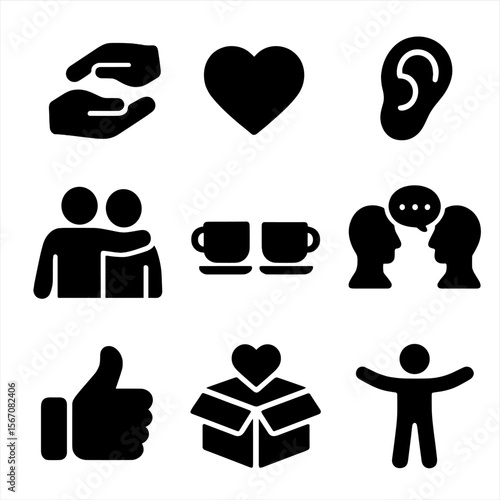 Icons of Friendship. Solid, filled icon set of supporting a friend: helping hand, heart symbol, listening ear, shoulder hug,