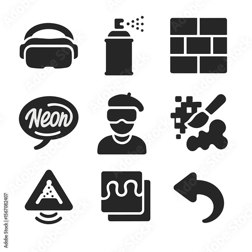 Digital Graffiti Icons. Solid, filled icons set of virtual graffiti and street art in digital worlds: VR