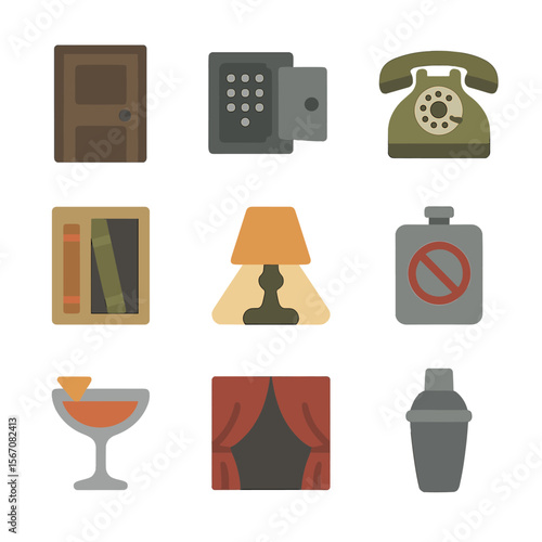 Speakeasy Icons Collection. Flat icon set of speakeasy and secret bars: unmarked door, hidden keypad entry, vintage telephone,