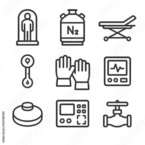 Cryopreservation Icon Set. Outline icon set of cryopreservation process: cryogenic chamber, liquid nitrogen tank, patient