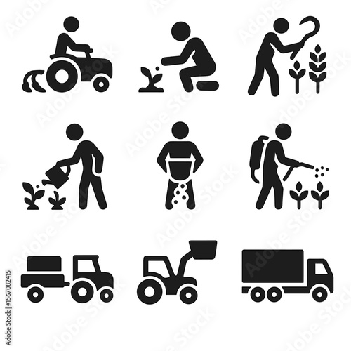 Farming Task Icons. Solid, filled icon set of farming tasks: plowing, planting, harvesting, watering, fertilizing, spraying,