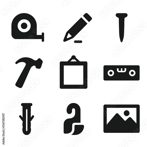 Framing and Hanging Icons. Solid, filled icon set of framing and hanging process: measuring tape, pencil mark, nail, hammer,