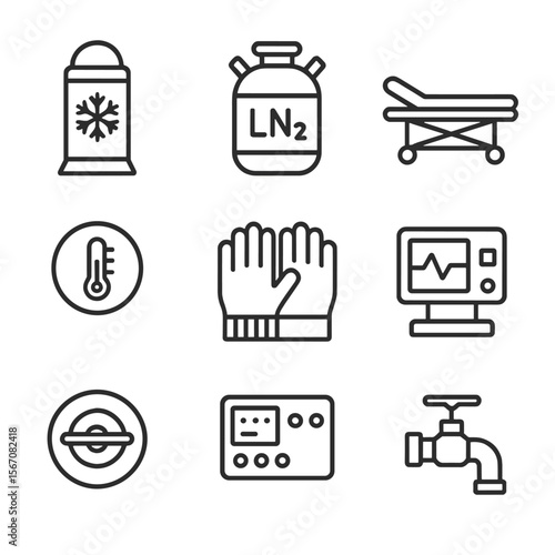 Cryopreservation Icon Set. Outline icon set of cryopreservation process: cryogenic chamber, liquid nitrogen tank, patient