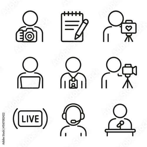 Special Guests Icons. Outline icon set of special guests: event photographer, journalist notebook, influencer camera, blogger