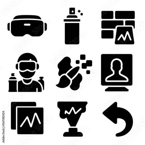 Digital Graffiti Icons. Solid, filled icons set of virtual graffiti and street art in digital worlds: VR