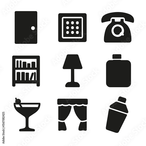 Speakeasy Icon Set. Solid, Filled icon set of speakeasy and secret bars: unmarked door, hidden keypad entry, vintage telephone,