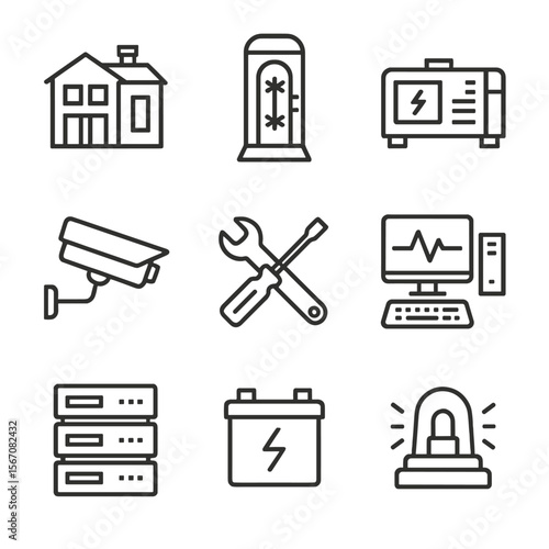 Cryonics Facility Icons. Outline icon set of cryonics facility infrastructure: research lab building, containment vault, power