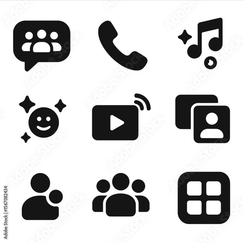 Digital Icons Grid. Solid, filled icons set of digital connection and group chats: group message bubble, phone