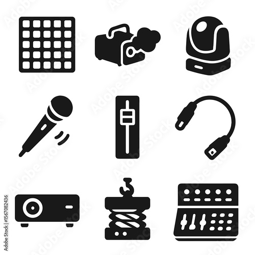 Stage Tech Icons. Solid, Filled icon set of stage technology components: LED panel, fog machine, moving head light, wireless mic,
