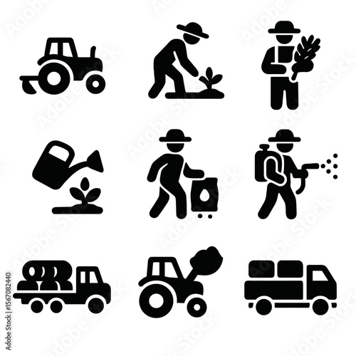 Farming Task Icons. Solid, filled icon set of farming tasks: plowing, planting, harvesting, watering, fertilizing, spraying,