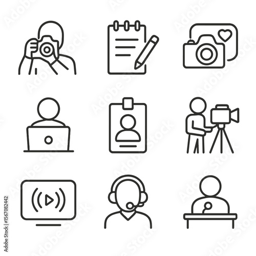 Special Guests Icons. Outline icon set of special guests: event photographer, journalist notebook, influencer camera, blogger